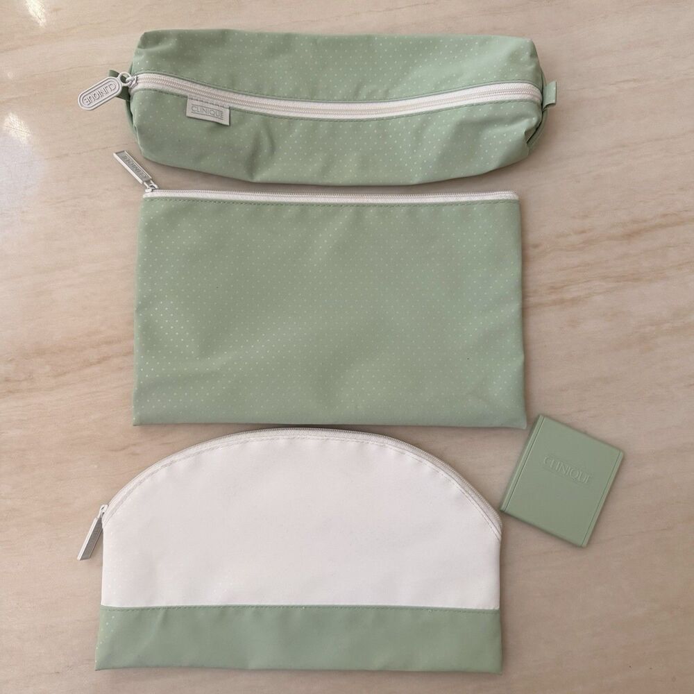 Clinique 4pc Makeup Cosmetic Bag 9.5”L Set Sage Green Polka Dot Pouches & Mirror